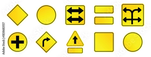 Fototapeta Set of yellow road signs with arrow. Blank street traffic symbols, stopping boards. Signaling plates vector set. Signal road for control traffic collection illustration.