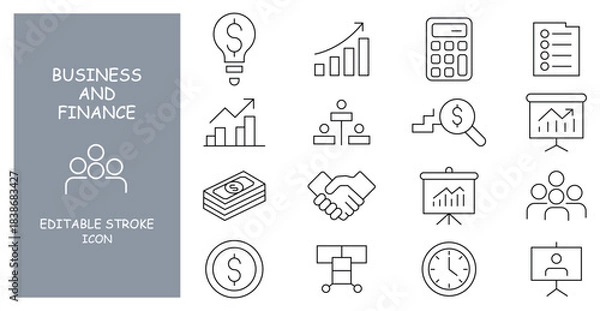 Fototapeta Business and Finance line icons set. Linear icon collection. Payments elements symbols. Currency, money, bank, cryptocurrency, check, wallet, piggy, balance, safe - stock vector.