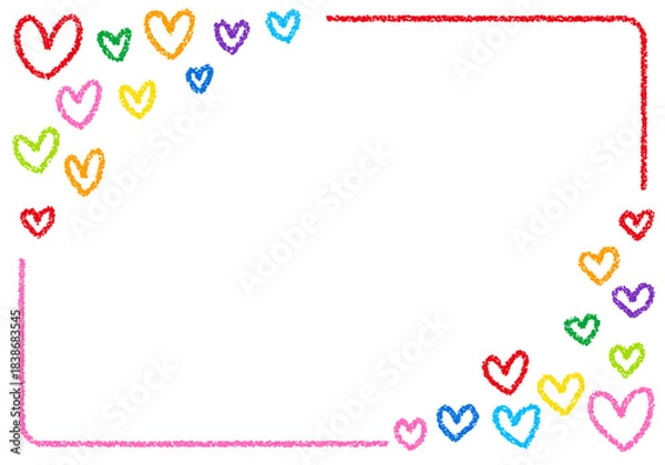 Obraz 手描きのクレヨン素材　背景　ハートのフレーム　カード