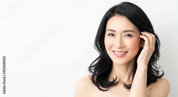Obraz 潤いのある肌：髪に手を添える、透明感のある肌のミドルエイジ日本人女性