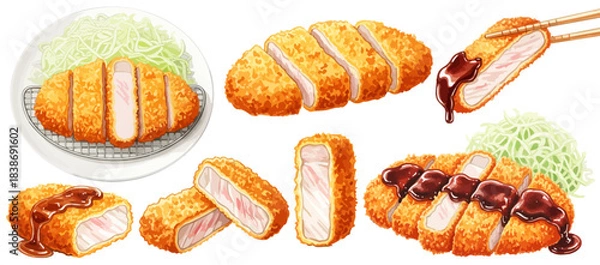 Obraz 豚カツ（とんかつ）と千切りキャベツのイラストセット,揚げ物,和食,定食,ソース,断面,リアルイラスト