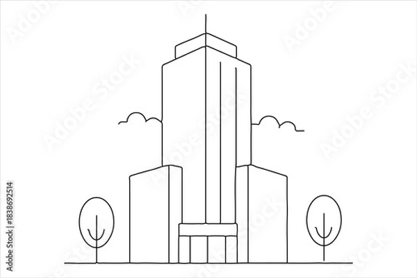 Fototapeta Skyscraper office building, one line ar,t simple outline graphic