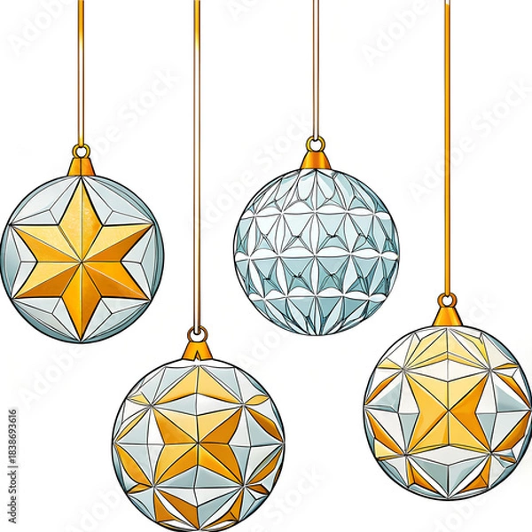 Fototapeta “Geometric vector bauble collection — modern shapes, metallic gradients, editable EPS, seamless icon set for seasonal branding.”

