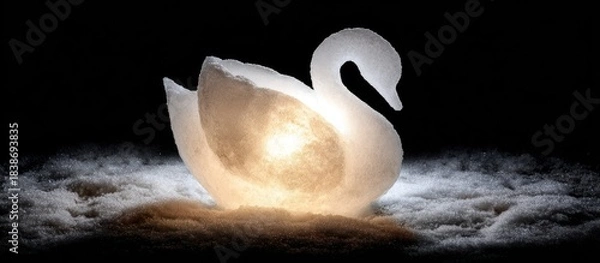 Fototapeta Swan sculpture with glowing internal light placed on a snow like surface