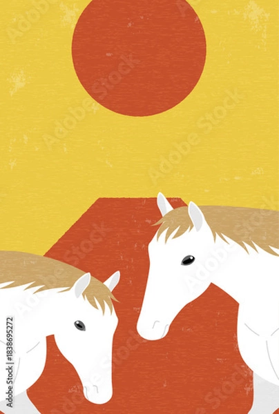 Obraz 2026年午年のレトロな年賀状、富士山と初日の出を背景に挨拶する白馬