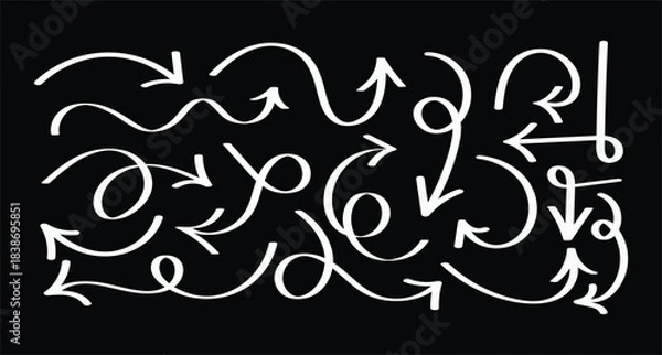 Obraz Hand-Drawn White Curving Arrow Collection on Black Background, Doodle Sketch Vector Set for Emphasis, Movement, and Artistic Navigation Graphics