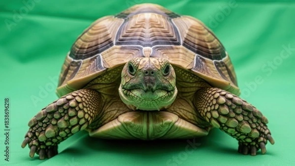 Fototapeta Majestic Tortoise Portrait: Close-Up of Ancient Reptile on Green Backdrop