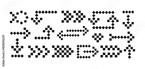 Obraz Collection of Pixelated Black and White Arrow Icons, Retro 8-Bit Cursor Symbols for Navigation, Gaming UI, and Digital Directional Design