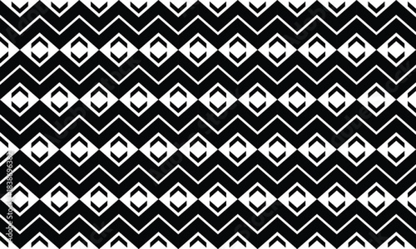 Obraz Seamless Black and White Zigzag Chevron Pattern with Tribal Diamond Motifs, Monochrome Vector Background for Textiles and Interior Design