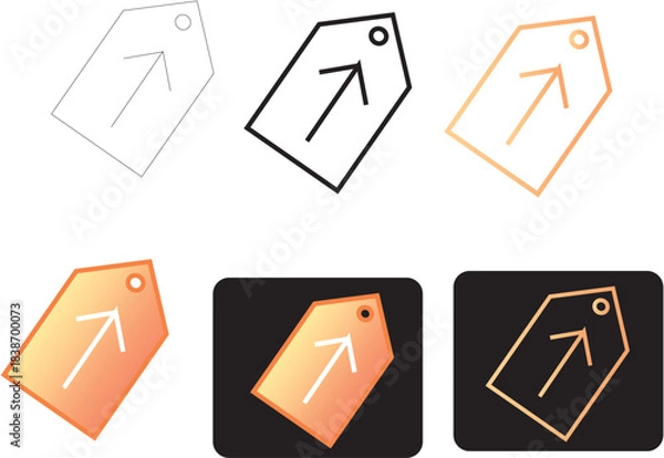 Fototapeta Minimalist price tag vector icon set with upward arrow symbol, depicting growth, premium value, and new product status for various digital designs