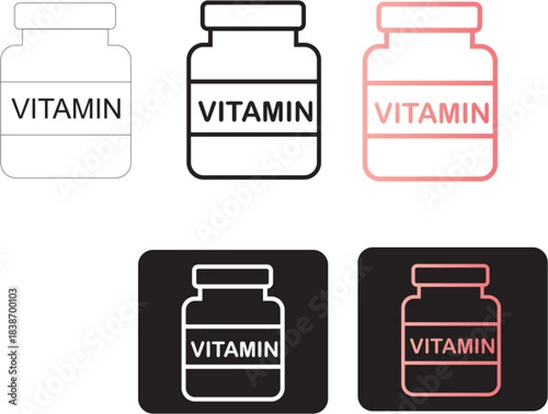 Fototapeta Minimalist vector icon set featuring clean outline and solid fill vitamin supplement bottles, perfect for health, nutrition, and wellness digital design applications