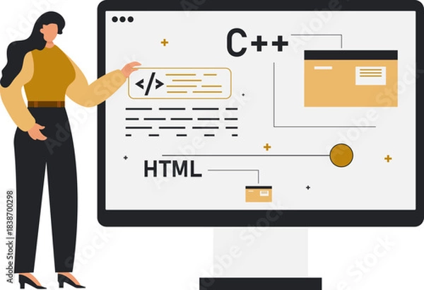 Obraz Business Lady Explaining Web programming. Young women showing screen computer programmer software coding language.