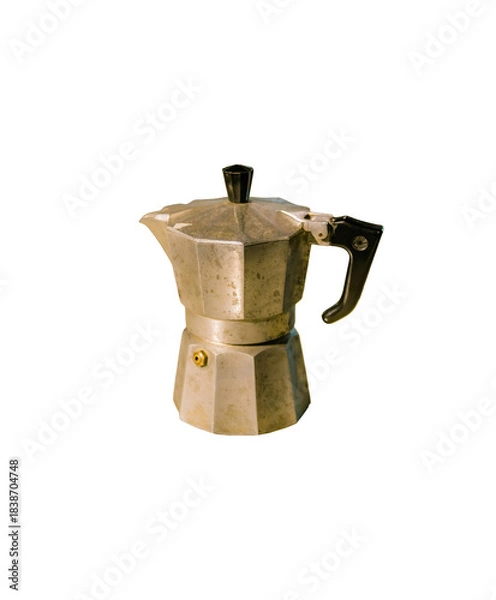 Obraz Italian aluminum coffee maker with insulated handle on transparent background. Vintage coffee pot