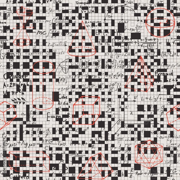 Obraz A seamless pattern with crosswords, geometric shapes, symbols, mathematical formulas, and solutions to equations and math problems. Suitable for fabric, wallpaper, book cover, and wrapping paper.No ai