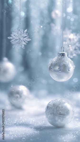 Fototapeta Enchanting Christmas background with glossy white sapphire ornaments and delicate translucent snowflakes, glitter dust swirling in the air, deep icy white palette, dreamy luminous lighting.