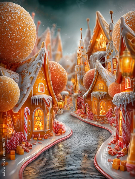 Fototapeta a magical Christmas street entirely made of candy and caramel, glowing gingerbread houses with icing windows, candy cane lampposts, chocolate cobblestone road, caramel roofs dripping gently.