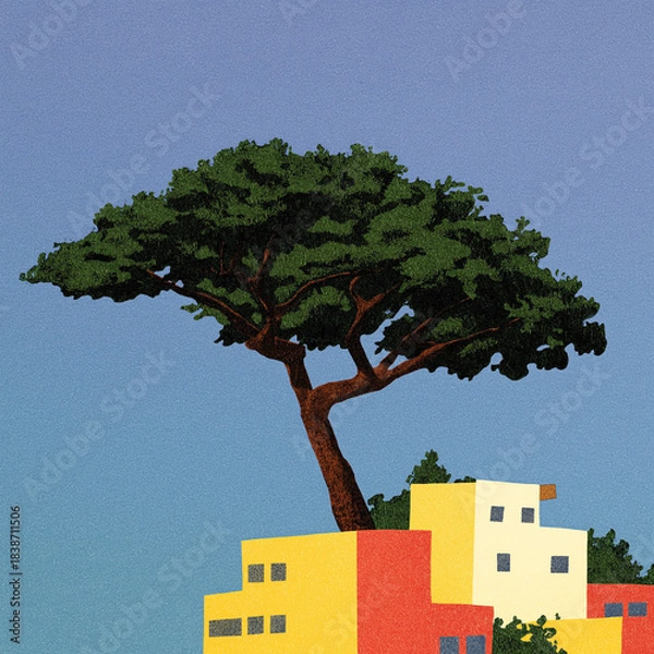 Fototapeta illustration of a large tree on top of three apartment buildings with yellow walls, against a blue sky background.