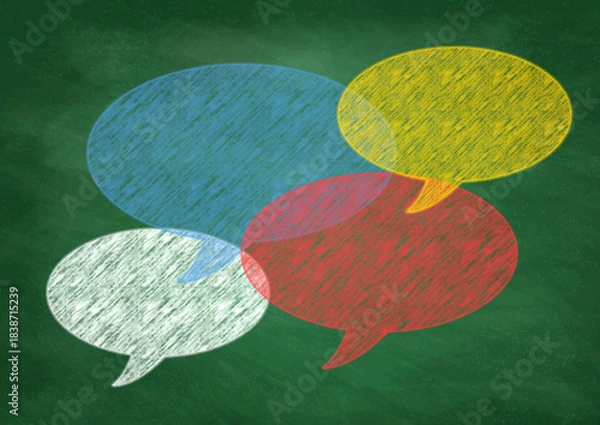 Fototapeta 手描き風のカラフルな吹き出しと黒板背景のコミュニケーションイラスト