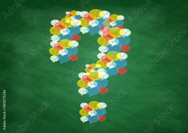 Fototapeta カラフルな吹き出しで描かれたチョーク風の疑問符イラスト（黒板背景）