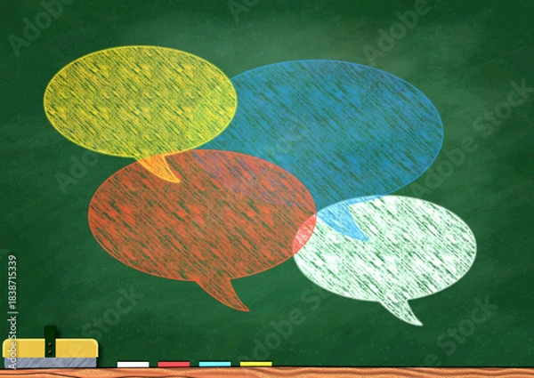 Fototapeta 手描き風のカラフルな吹き出しと黒板背景のコミュニケーションイラスト