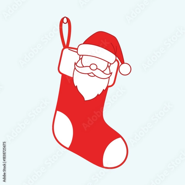 Fototapeta Simple red Christmas stocking with a white Santa Claus face and hat, ready for gifts.