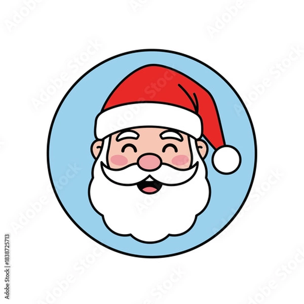 Fototapeta Cartoon illustration of Santa Claus's happy face with a red hat and white beard in a blue circle.