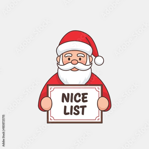 Fototapeta Cartoon illustration of Santa Claus holding a 'NICE LIST' sign, depicting a festive holiday theme.