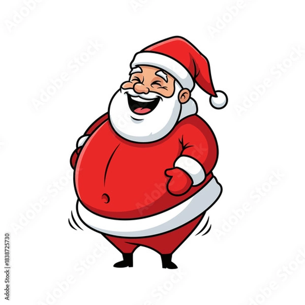Fototapeta Cartoon illustration of a jolly Santa Claus laughing heartily with his hands on his belly, wearing a classic red suit and hat.