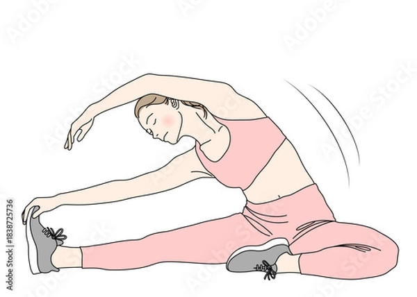 Obraz ストレッチ 座って体側を伸ばす女性のイラスト 全身正面 ピンク