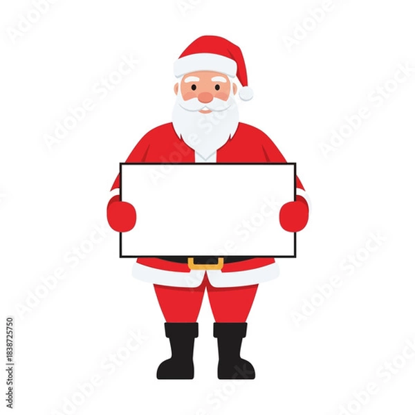 Fototapeta A cartoon illustration of Santa Claus holding a blank white sign, ready for custom text or message.