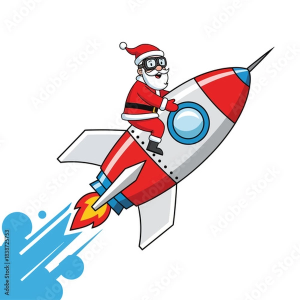 Fototapeta Santa Claus in a superhero mask riding a red and white rocket launching into the sky.
