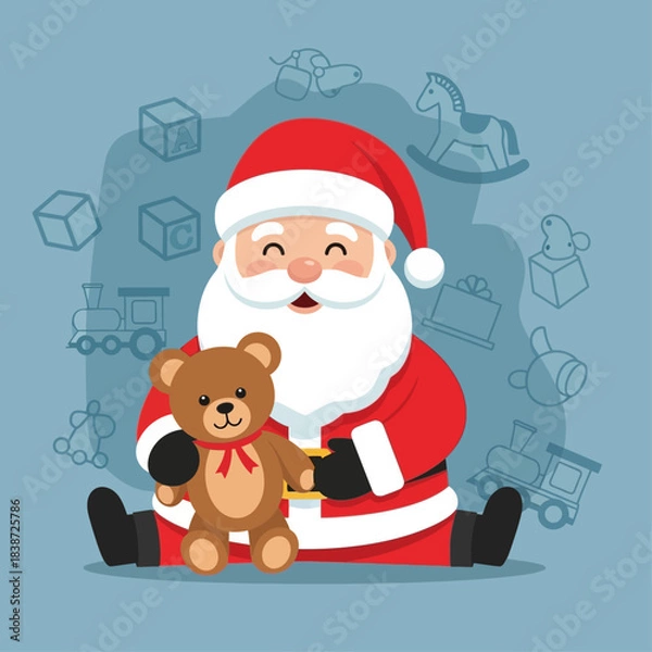 Fototapeta Santa Claus sitting and holding a teddy bear with toy outlines in the background, representing Christmas joy.