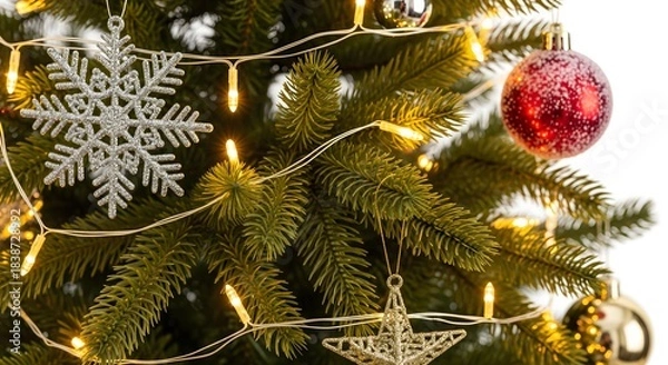 Fototapeta Close-Up Christmas Tree Decorations with Snowflake and Red Ornament Lights