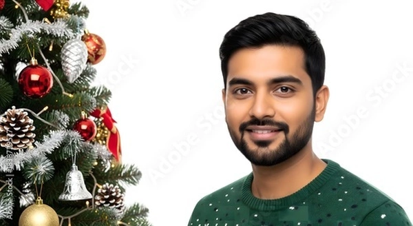 Fototapeta Smiling Young Man Portrait by Decorated Christmas Tree in Festive Studio