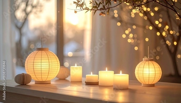 Fototapeta A modern celebration scene with soft warm light, gentle cultural accents, clean surfaces and simple decor suitable for universal holiday branding.
