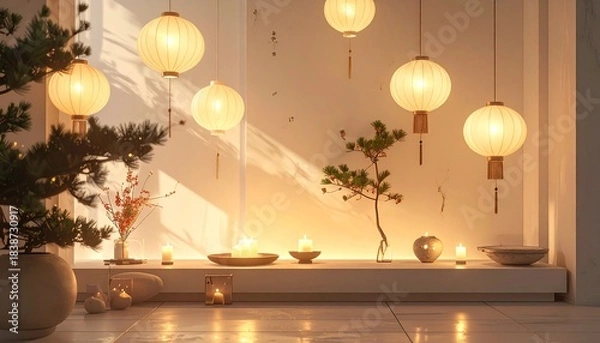 Fototapeta A modern celebration scene with soft warm light, gentle cultural accents, clean surfaces and simple decor suitable for universal holiday branding.
