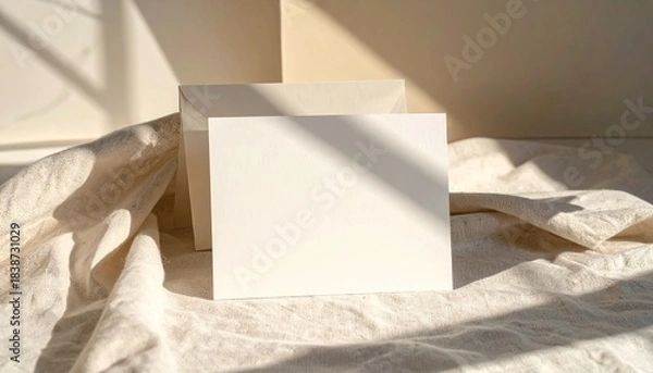 Fototapeta A blank greeting card placed on soft linen cloth with warm sunlight, gentle shadows and modern minimal stationery style.
