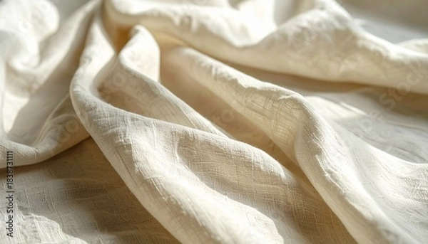 Fototapeta A soft linen fabric spread naturally with warm ambient light, gentle folds and clean space ideal for card, print or branding overlays.
