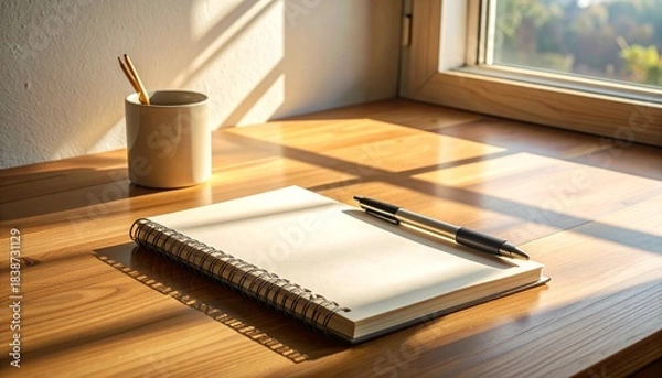 Fototapeta A minimal notebook and pen on a warm wooden desk, soft window light, gentle shadows and clean negative space for branding.

