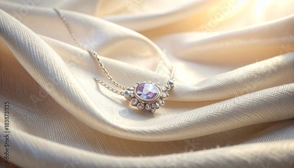 Fototapeta A delicate jewelry piece displayed on textured cloth with soft warm light and clean elegant composition.
