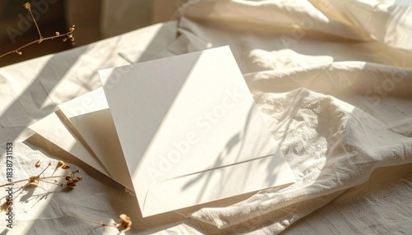 Fototapeta A blank greeting card placed on soft linen cloth with warm sunlight, gentle shadows and modern minimal stationery style.
