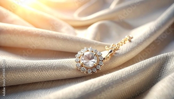 Fototapeta A delicate jewelry piece displayed on textured cloth with soft warm light and clean elegant composition.
