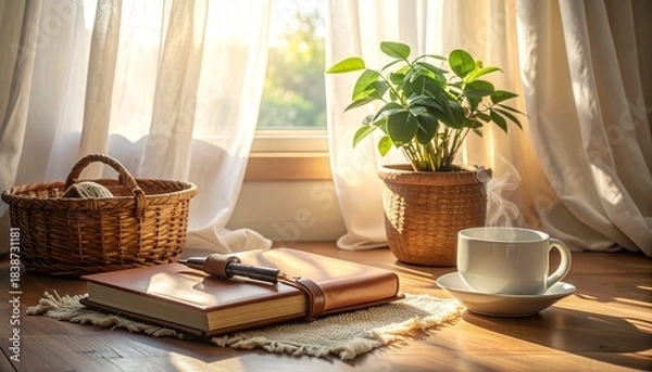 Fototapeta A warm wellness corner with journal, ceramic mug, soft daylight, linen cloth and natural textures for calm lifestyle product placement.
