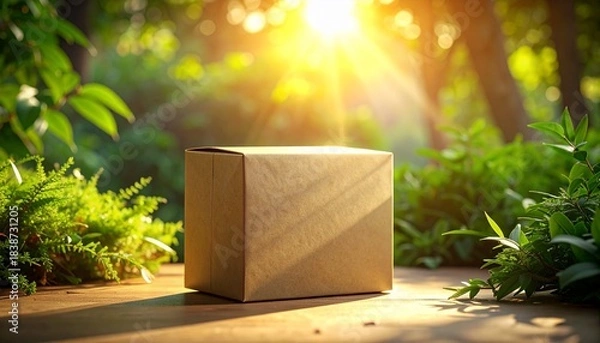 Fototapeta A clean kraft-paper packaging mockup with warm soft light, recycled textures, subtle shadows and natural greenery nearby.
