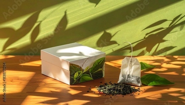 Fototapeta A clean tea box and sachet placed on warm neutral surface with soft sunlight, leaf shadows and fresh natural aesthetic.

