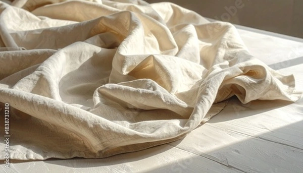 Fototapeta A soft linen fabric spread naturally with warm ambient light, gentle folds and clean space ideal for card, print or branding overlays.
