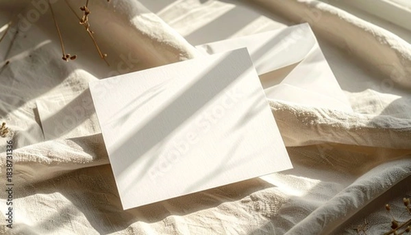 Fototapeta A blank greeting card placed on soft linen cloth with warm sunlight, gentle shadows and modern minimal stationery style.
