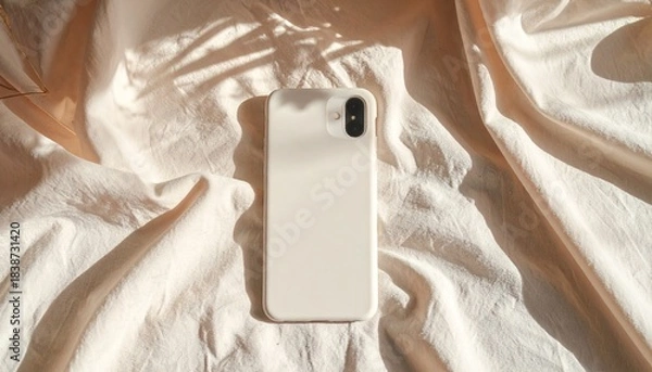 Fototapeta A minimal phone case mockup lying on soft fabric with warm light, gentle shadows and neutral tones.
