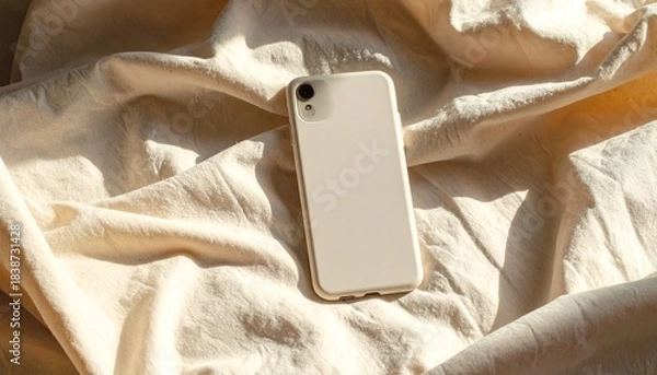 Fototapeta A minimal phone case mockup lying on soft fabric with warm light, gentle shadows and neutral tones.
