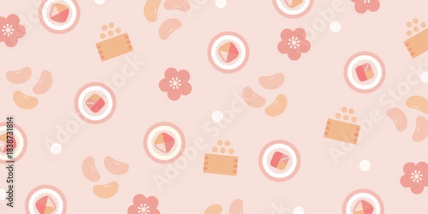 Obraz 節分のパステルピンクパターン背景（恵方巻・福豆・梅の花の節分イラスト）| ベクター素材